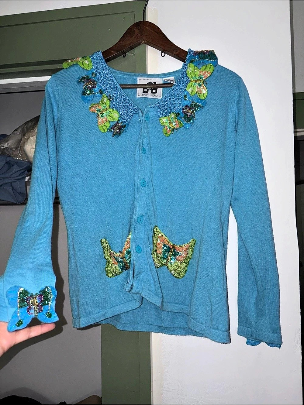Vintage Storybook Knits Butterfly Beaded Cardigan Sweater Blue & Green, size S